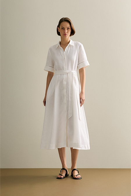 Linen Ladder Stitch Detail Short Sleeve Dress