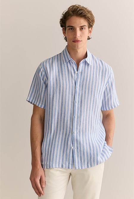 Regular Fit Linen Bengal Stripe Short Sleeve Shirt