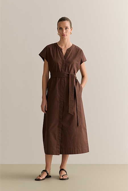 Cotton Poplin Cap Sleeve Belted Dress