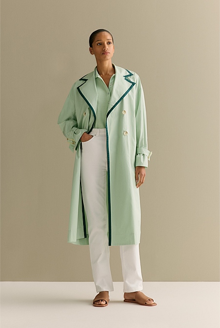 Cotton Sateen Contrast Trim Trench Coat