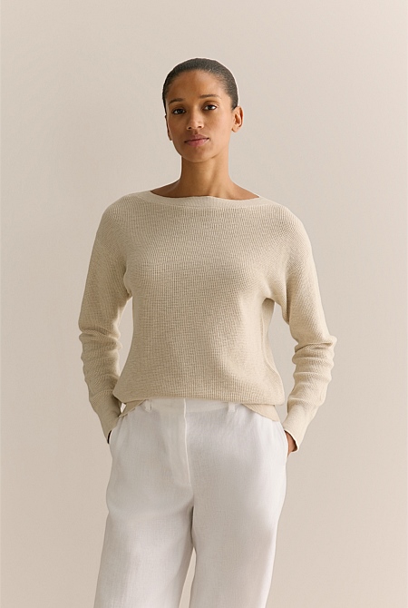 Cotton Linen Textured Boat Neck Pullover