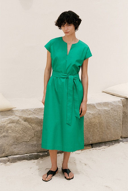 Cotton Poplin Cap Sleeve Belted Dress