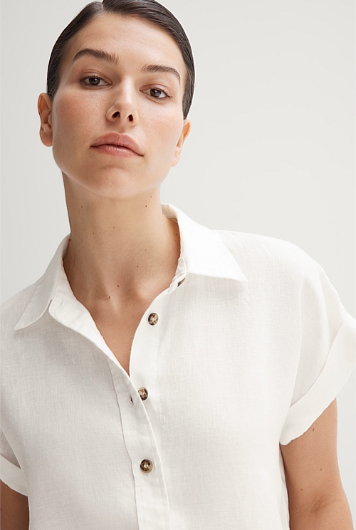 White linen short sleeve cuff detail shirt women shirts trenery