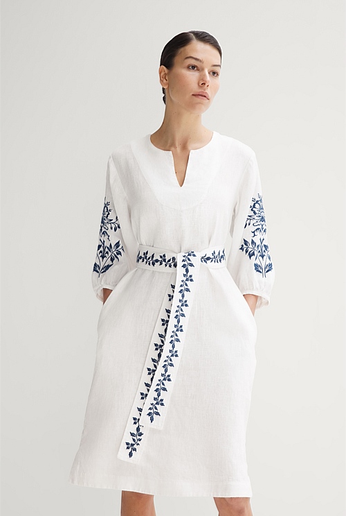 Women’s White Embroidered Dress with Red & Black Cross-Stitch Embroidery – Linen Blend
