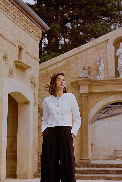 White Cotton Textured Cropped Jacket WOMEN Jackets & Coats Trenery