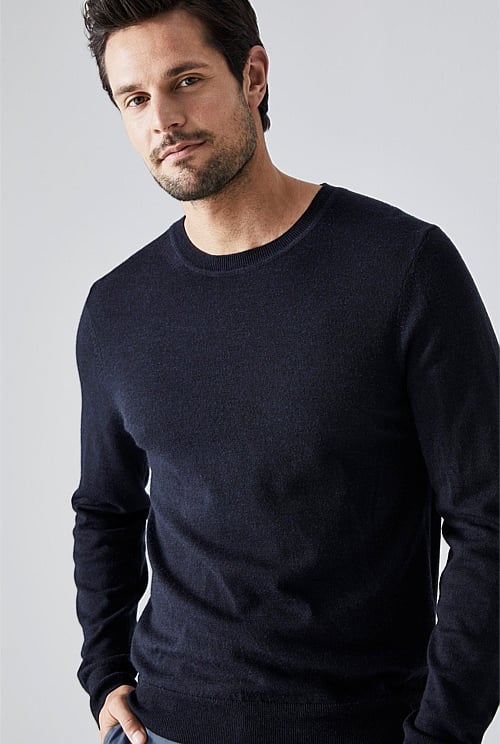 Dark Navy Classic Merino Crew - MEN Knitwear | Trenery