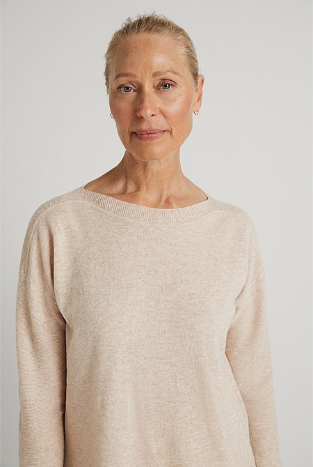 Oatmeal Marle Merino Boat Neck Pullover - WOMEN Knitwear | Trenery