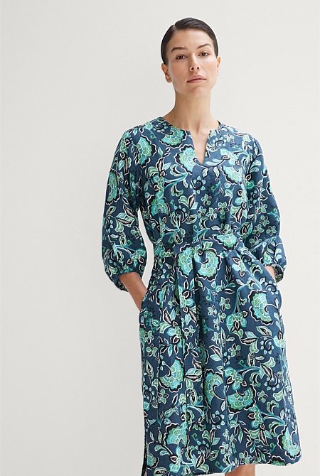 Linen Trailing Peony Print Dress