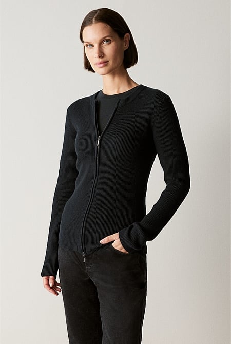 Merino Rib Zip Through Cardigan