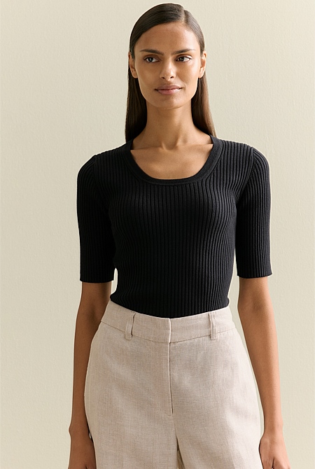 Cotton Cashmere Blend Rib Knit T-shirt