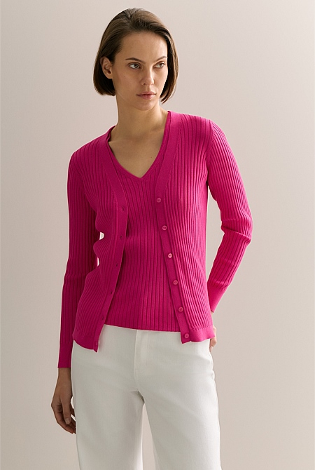 Mercerised Rib V Neck Cardigan