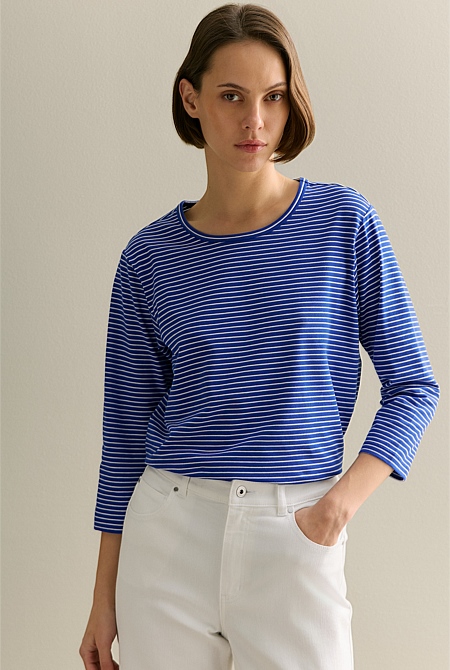 Organically Grown Cotton Stripe 3/4 Sleeve T-shirt