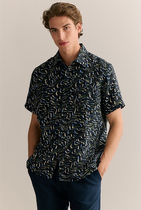 Regular Fit Linen Wave Print Short Sleeve Shirt