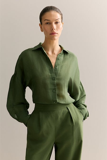 Linen Silk Relaxed Blouson Sleeve Shirt