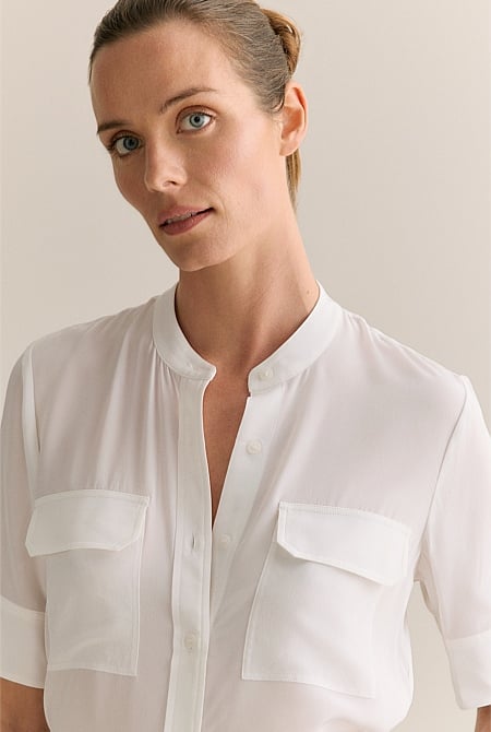 Silk Collarless Pocket Detail Shirt