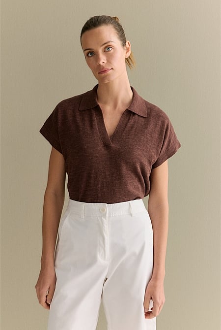 Linen Cotton Knit Relaxed Polo Top