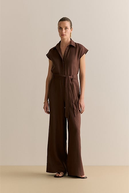 Linen Collared Wide Leg Jumpsuit