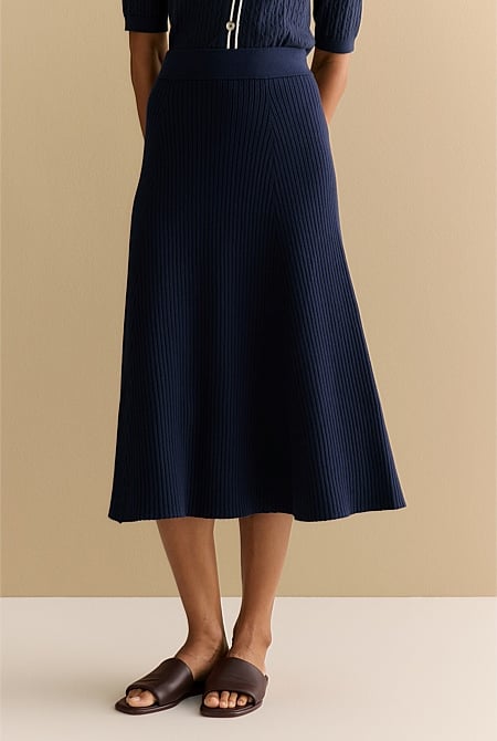 Cotton Cashmere Blend Rib Knit Pull On Skirt