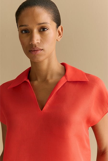 Linen Silk Collared Short Sleeve Top