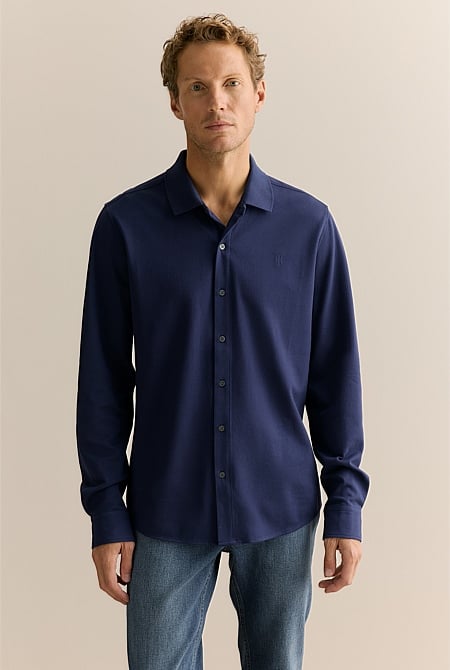 Tailored Fit Pique Cotton Monogram Shirt