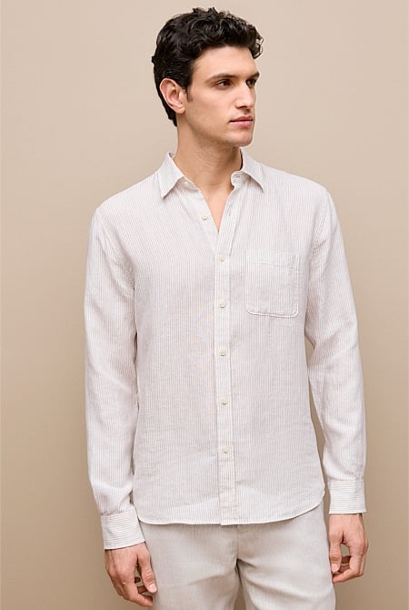 Regular Fit Fine Stripe Linen Long Sleeve Shirt