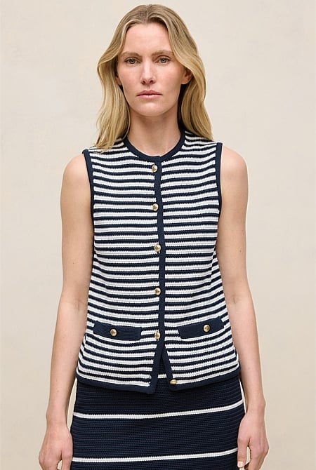 Mercerised Cotton Stripe Button Through Vest