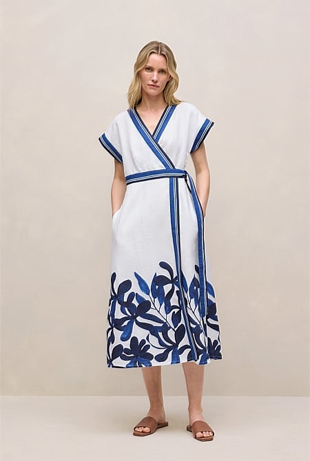 Marea Border Stripe Linen Wrap Dress