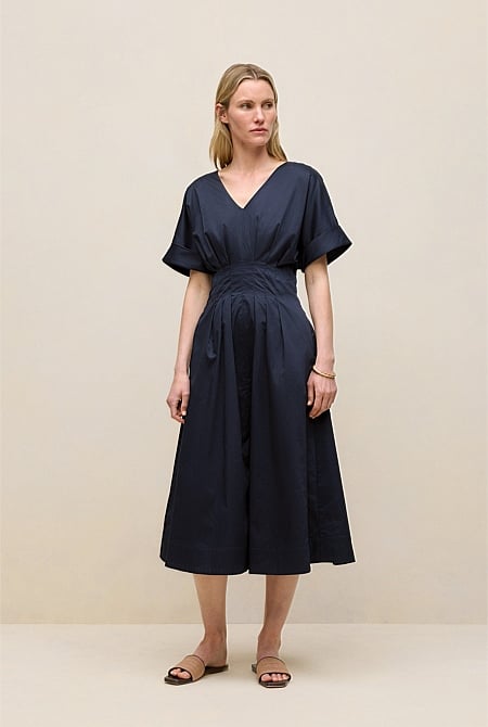Cotton Sateen Pleat Waist Dress