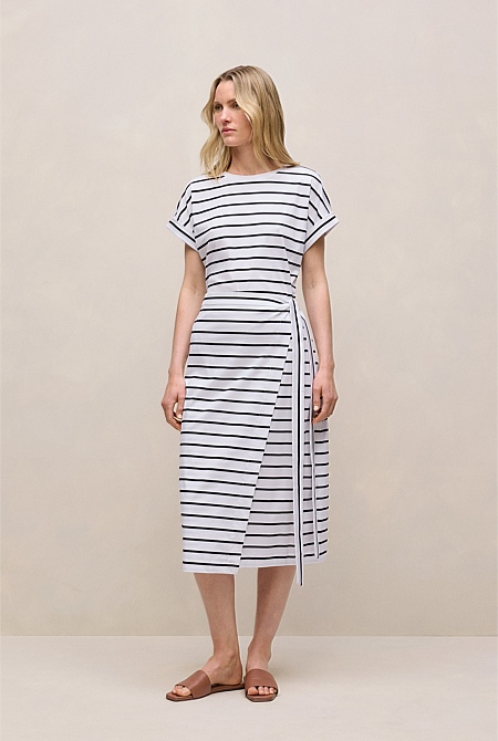 Cotton Stripe Wrap Detail T-shirt Dress