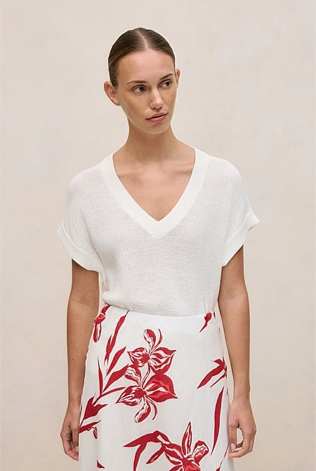 Mercerised Cotton Relaxed V Neck Knit