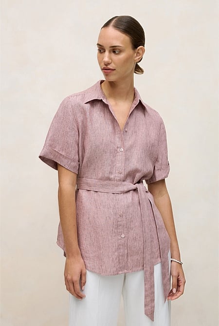 Linen End On End Stripe Belted Shirt