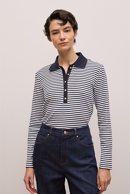 Cotton Stripe Button Detail Polo
