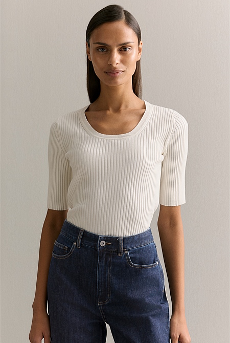 Cotton Cashmere Blend Rib Knit T-shirt