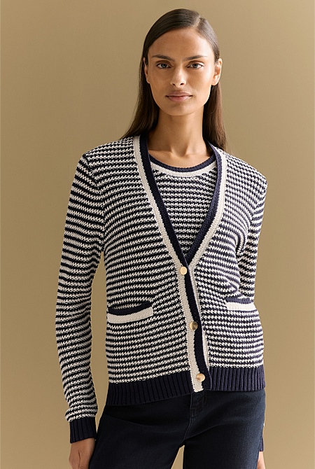 Mercerised Cotton Knit Stitch Detail Cardigan