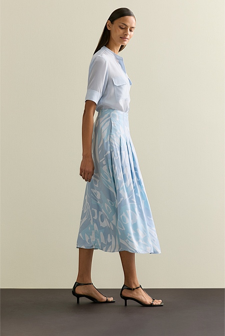 Draped Twill Butterfly Print Pleat Detail Skirt