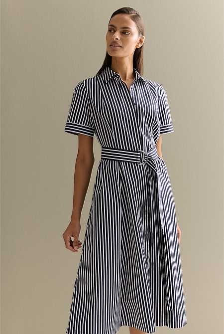 Cotton Poplin Stripe Print Shirt Dress