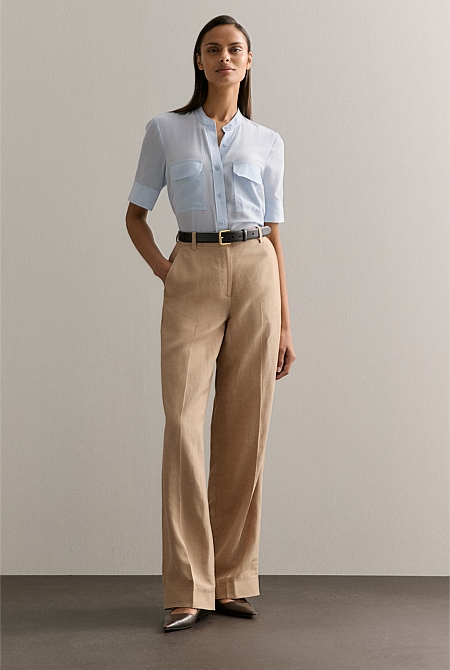 Silk Collarless Pocket Detail Shirt