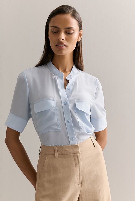 Silk Collarless Pocket Detail Shirt