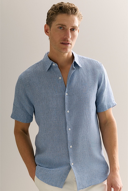 Regular Fit Yarn Dyed Linen Basket Grid Shirt