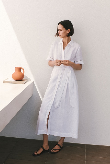 Linen Ladder Stitch Detail Short Sleeve Dress