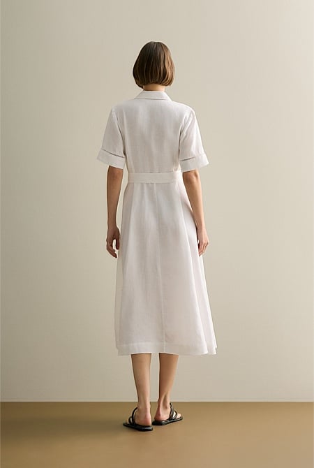 Linen Ladder Stitch Detail Short Sleeve Dress