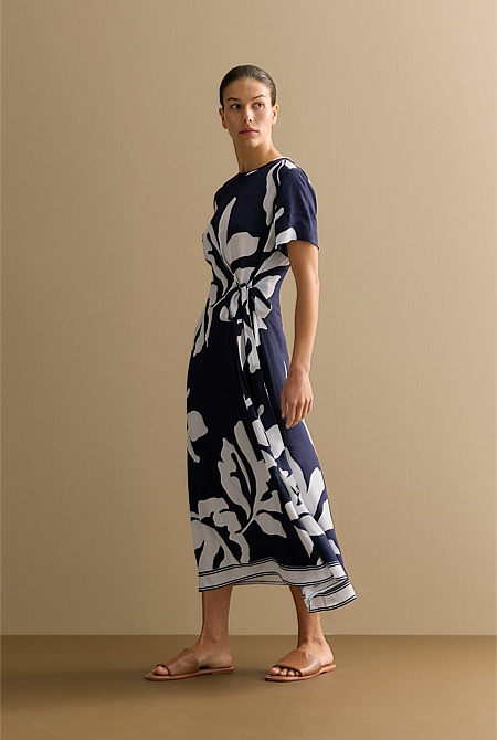 Palm Gathered Tie Waist Dress