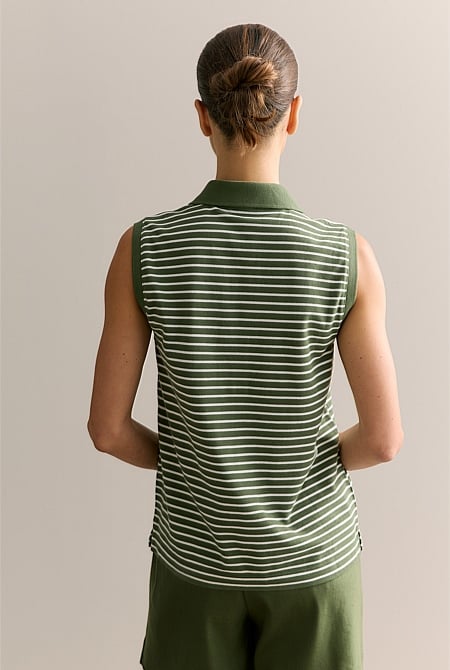 Australian Cotton Stripe Sleeveless Polo Top