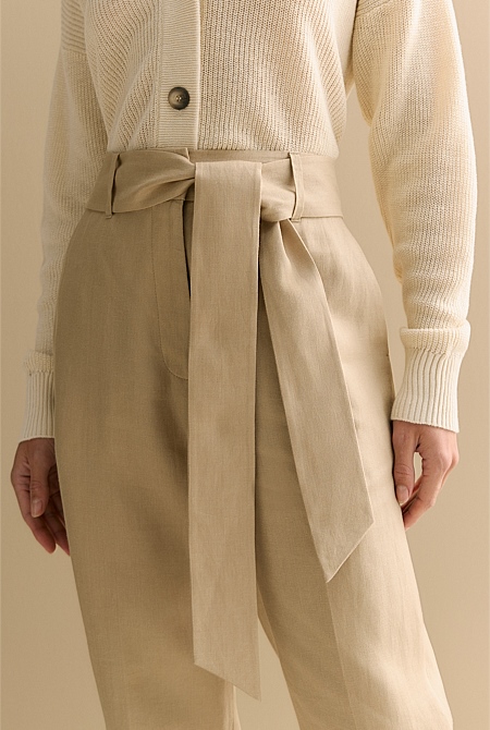 Linen Twill Belted Straight Leg Pant