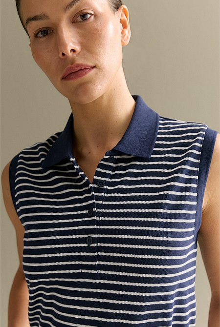 Australian Cotton Stripe Sleeveless Polo Top