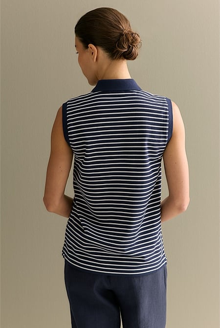 Australian Cotton Stripe Sleeveless Polo Top