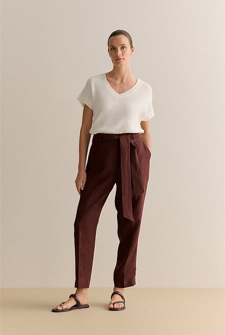 Linen Twill Belted Straight Leg Pant