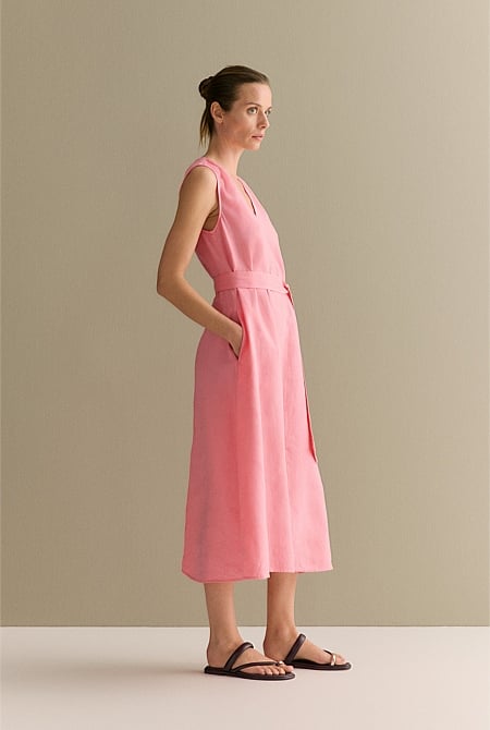 Linen Split Front Sleeveless Dress