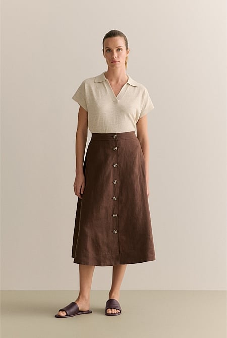 Linen Button Detail Skirt