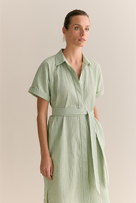 Yarn Dyed Seersucker Short Sleeve Shirt Dress